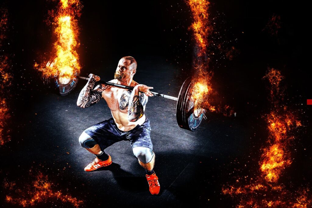 man, muscles, weight lifter, strong, power, human, strength, sports, fire, flames, powerful