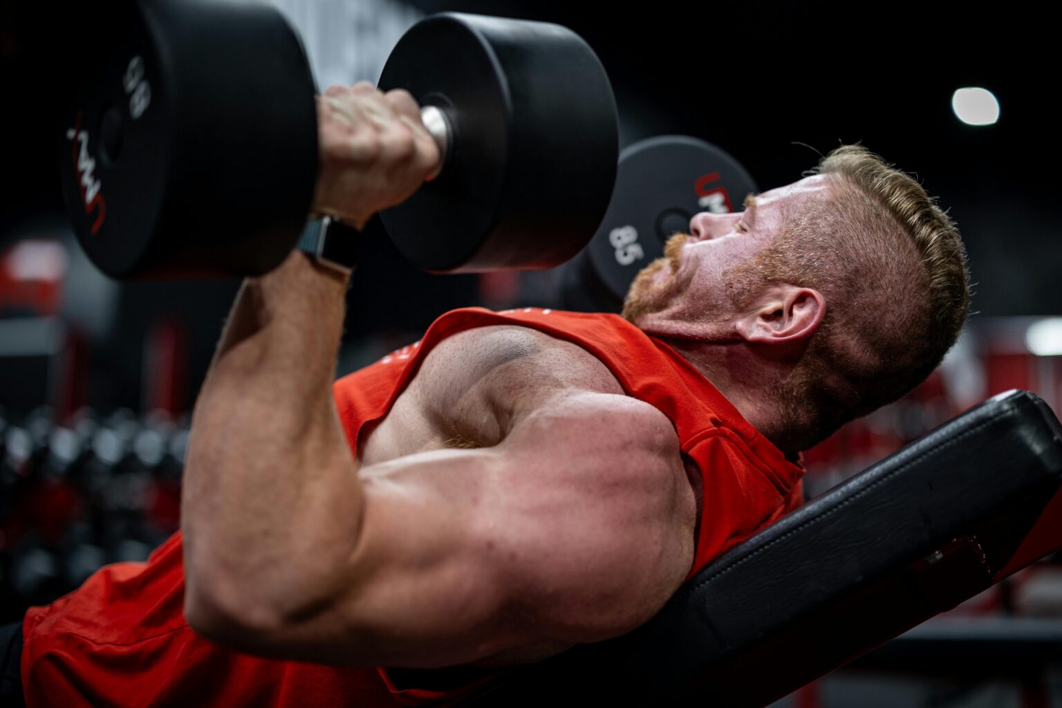 Side view of a muscular man lifting dumbbells on a bench in a gym, focusing on strength and effort.